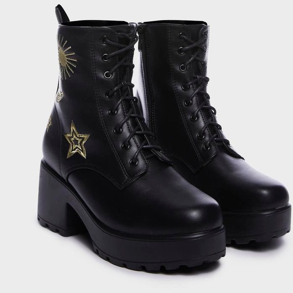 Koi Footwear Black & Gold Astro Star & Moon Chunky Platform Boots Size 7 Goth - Picture 2 of 11
